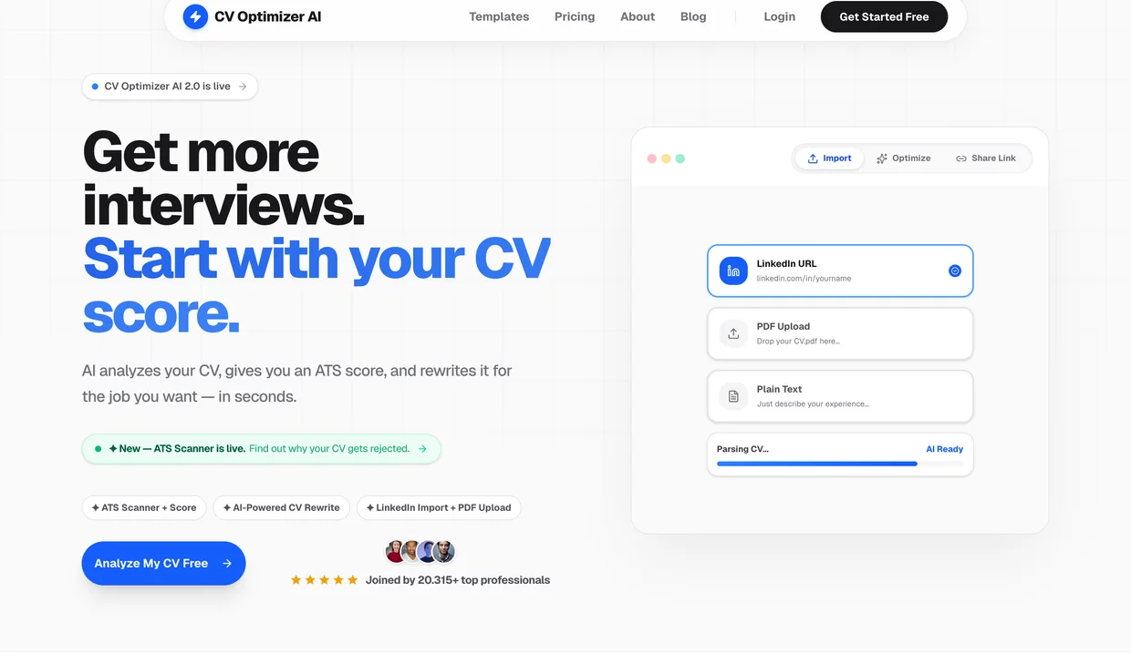 CV Optimizer AI ana ekranı — CV yükleme ve ATS puanlama