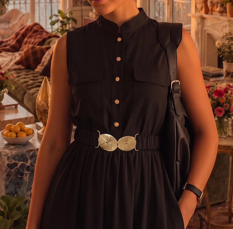 Siyah elbise, kemer varyantı — lookbook çalışması